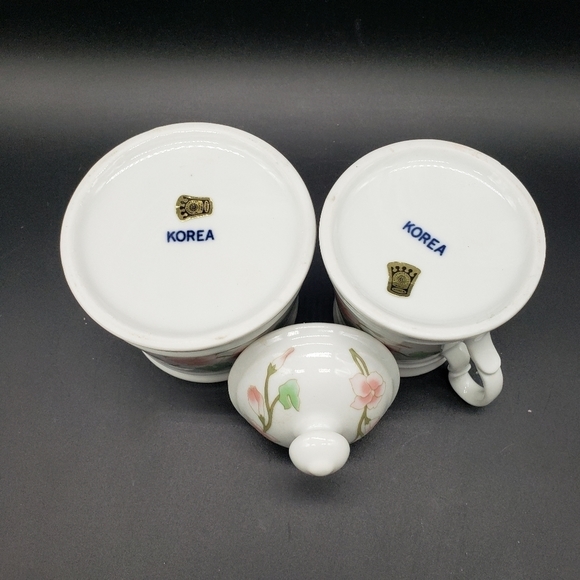 Korean Hand Painted Pink Green Floral Porcelain Cream & Lidded Sugar Set - Picture 8 of 9